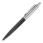 A black and silver ballpoint pen with a sleek design, featuring a metal clip and a push-button mechanism at the top.