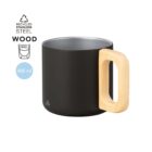 A black, double-walled stainless steel mug with a wooden handle, labeled as 400 ml, is shown. The mug is made from recycled materials, and the design emphasizes sustainability.