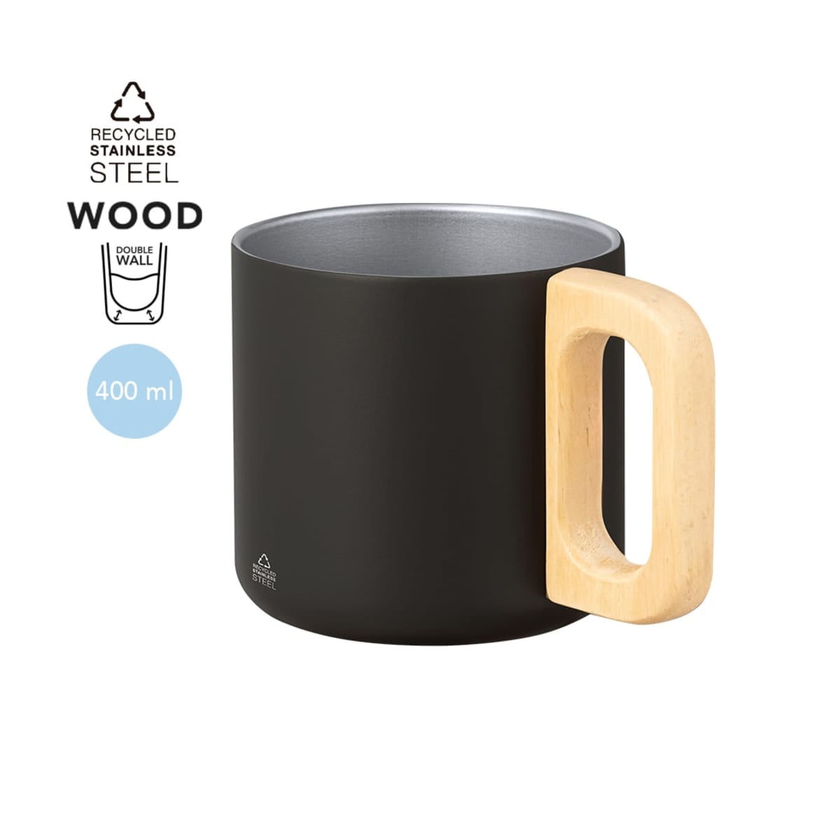 A black, double-walled stainless steel mug with a wooden handle, labeled as 400 ml, is shown. The mug is made from recycled materials, and the design emphasizes sustainability.
