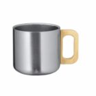 A stainless steel mug with a smooth, cylindrical shape and a wide, curved wooden handle on a white background.