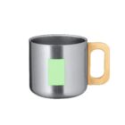 Stainless steel mug with a light green rectangular label on the side and a wooden handle.