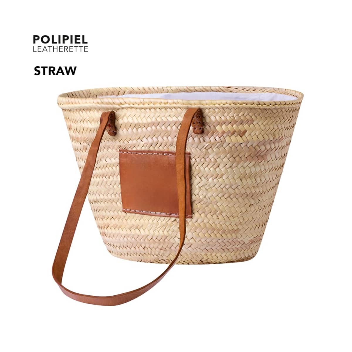 A woven straw tote bag with brown leatherette handles and a square leatherette pocket on the front. The brand name POLIPIEL is visible above.