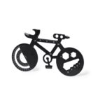 Silhouette of a bicycle-shaped multi-tool in black, featuring various measuring devices and tools, such as a wrench, ruler, and hex keys, integrated into the design.