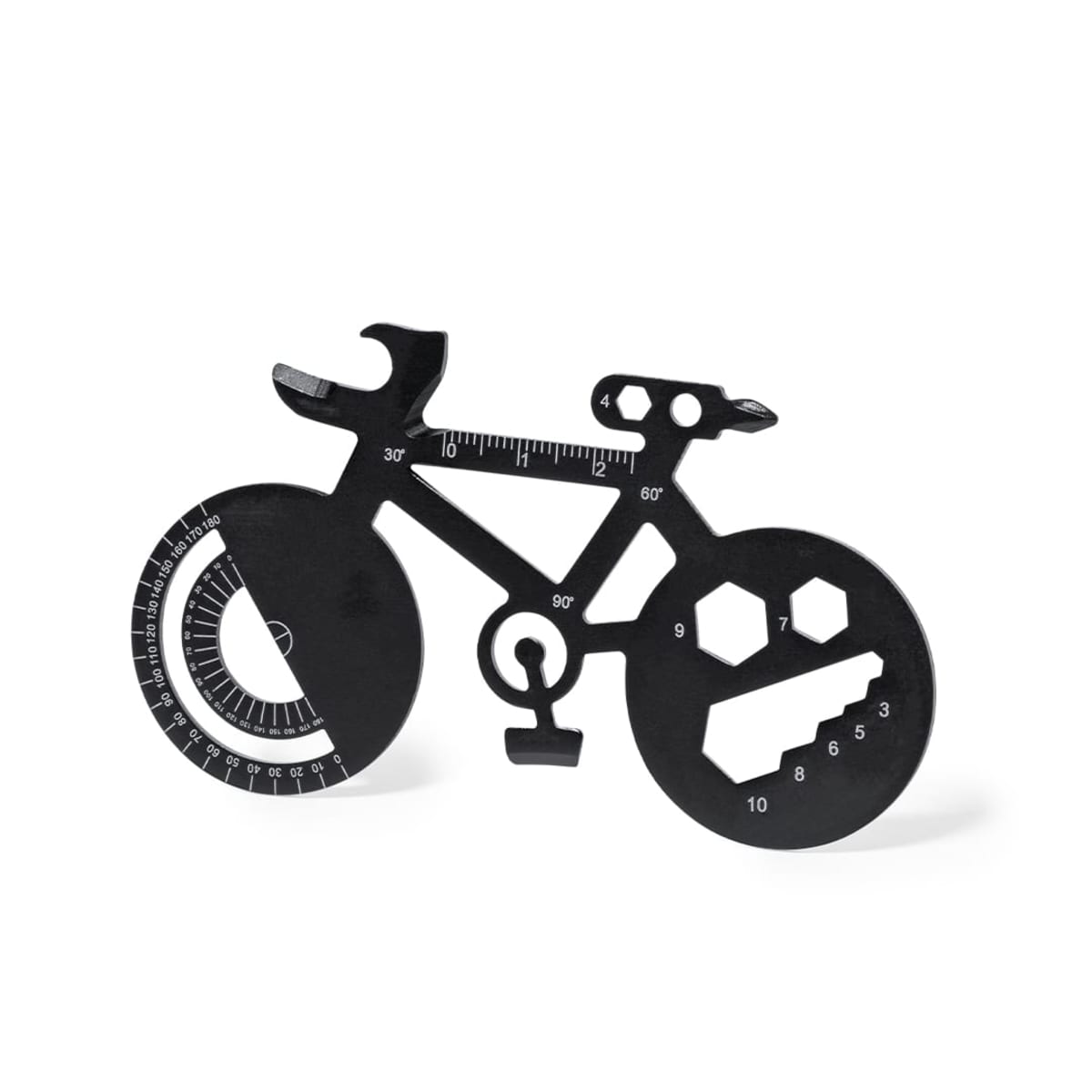 Silhouette of a bicycle-shaped multi-tool in black, featuring various measuring devices and tools, such as a wrench, ruler, and hex keys, integrated into the design.