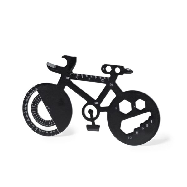 Silhouette of a multifunctional tool shaped like a bicycle, featuring various measuring scales, hexagonal cutouts, and wrenches integrated into its design.