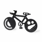 Multi-functional bicycle-shaped tool made of black metal, featuring various measuring and wrench components integrated into its design. It includes a protractor, ruler, and hex wrenches, creatively arranged in the shape of a bike.
