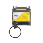 A keychain shaped like a car battery with a branding label that reads RACQ Premium and notes an Australia-wide warranty. The design features a yellow stripe and includes a black keyring attached.