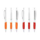 Six ballpoint pens with white upper halves and clips. The lower halves are orange on the first three pens and red on the last three. They have retractable tips and silver accents. Pens are aligned vertically side by side.