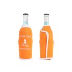 Two glass bottles are covered with orange neoprene sleeves. One sleeve reads “I Love Cans” with a breast cancer awareness ribbon and website. The sleeve design includes a zipper for easy removal.