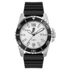 A stainless steel wristwatch with a black bezel and white dial. It features black hour markers, silver hands, and a date window at the 3 oclock position. The watch has a black rubber strap and a unidirectional rotating bezel.