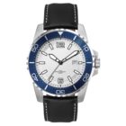 A wristwatch with a silver case, blue and silver bezel, and black leather strap. It features a white dial with black numerals, a date window, and luminous hands. The bezel is marked with white numerals at intervals of ten.
