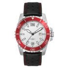 A sporty analog wristwatch with a white face, red and white bezel, and silver hour markers. It features a black perforated leather strap with red stitching, luminous hands, and a date window at the 3 oclock position.