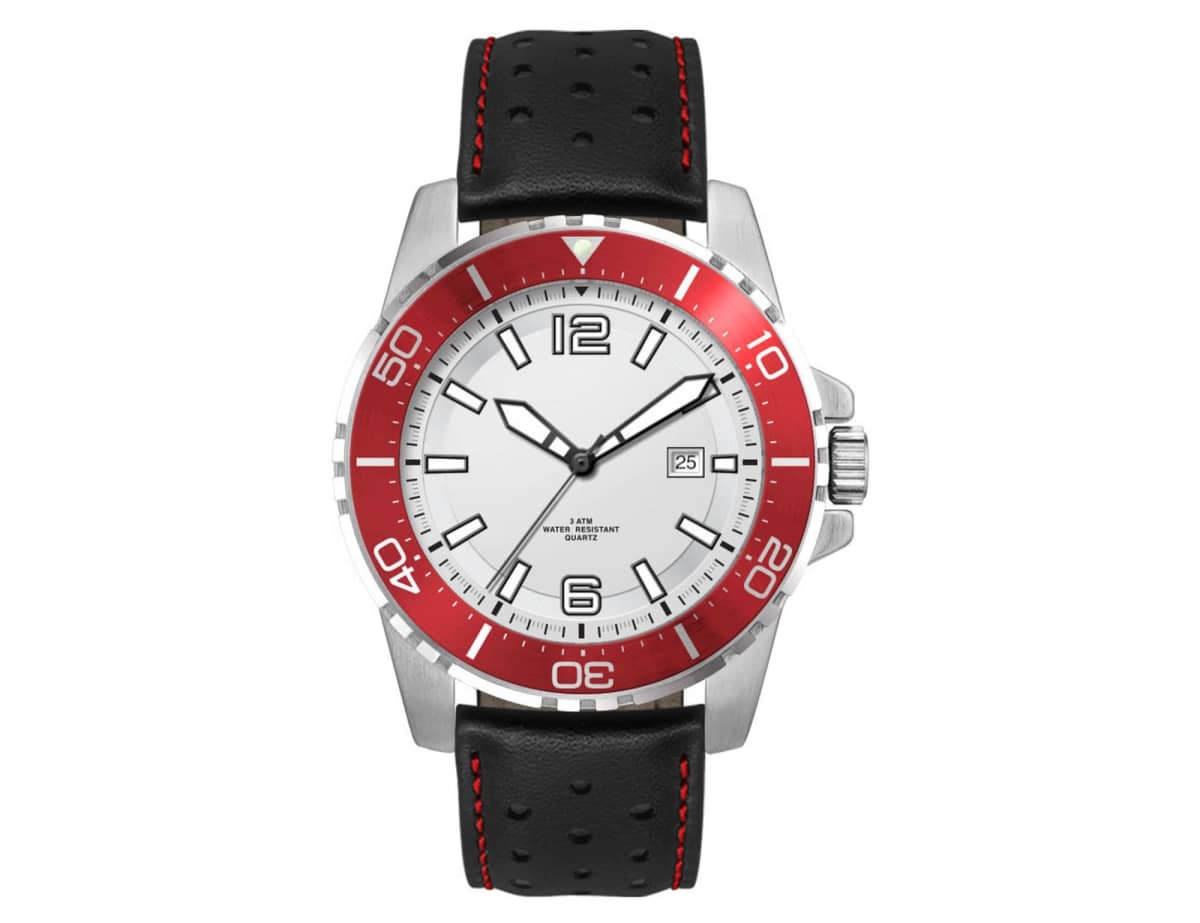 A sporty analog wristwatch with a white face, red and white bezel, and silver hour markers. It features a black perforated leather strap with red stitching, luminous hands, and a date window at the 3 oclock position.
