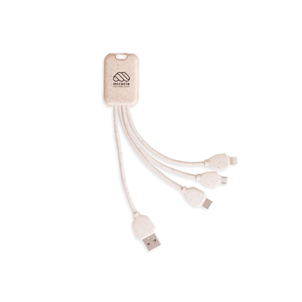 A multi-connector charging cable with a beige connector hub. It features four different connectors: USB-A, USB-C, micro USB, and Lightning, designed for versatile charging options.