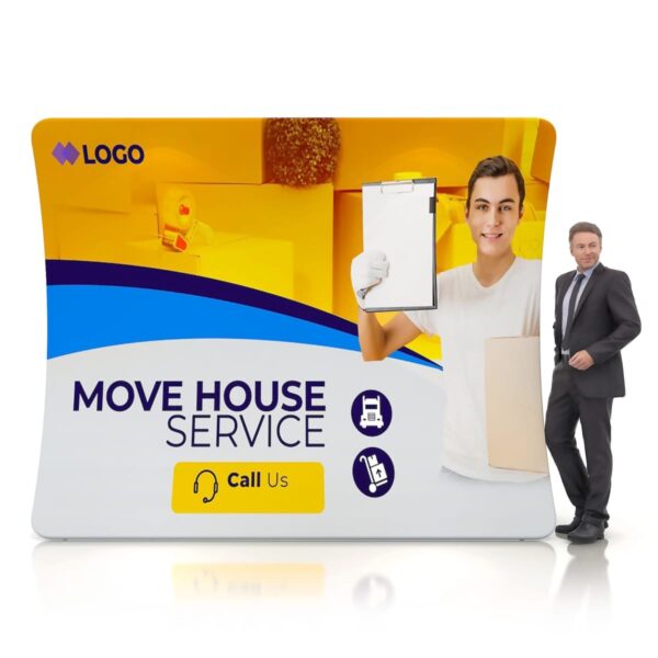 A man in a suit stands next to a large sign for a moving house service. The sign features a smiling person holding a clipboard, packing boxes, and a phone icon with Call Us text. The background is orange with blue accents and a logo.