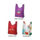 Three reusable bags with different printing methods: the purple one with a colorful logo labeled Heat Transfer, the red one with text labeled Screen print, and the multicolored pattern one labeled Sublimation.