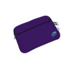 A purple laptop sleeve with a black zipper and a small green and blue circular logo on the bottom right corner. The sleeve has a simple, sleek design with dual zipper pulls for easy access.