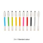 A row of nine multi-colored USB cables with connectors on both ends. Each cable is a different color, including green, blue, orange, yellow, pink, black, white, gray, and red. The text below reads 2 in 1 Standard colour.