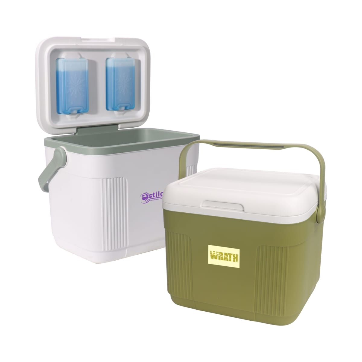 Two open ice boxes. The left one is white with a light green interior and has ice packs in the lid. The right one is olive green with a white lid. Both have handles for carrying.