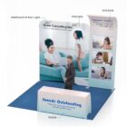 A trade show booth with the name Sounds Outstanding on a table. The backdrop features images of people using headphones and text about noise-cancelling mics and ergonomic comfort. The booth includes panels POS345A, POS345B, and POS30.