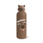 A brown water bottle with a cute cartoon wombat design. The bottle cap is shaped like a wombats head, and the body features a playful wombat face with ears, eyes, and a tongue sticking out. The word WOMBOT is written on the front.