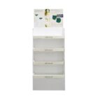 Empty white display stand with four shelves, branded Jolinesse. A sign on top features an image of a person and green clothing items.