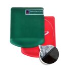 Two ergonomic wrist rests, one green and one red, each with a cushioned pad. The green one has a Strive for LIFE label, and the red one features white text and a logo. A circular inset shows a close-up of the products base material.