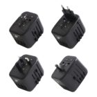 Four black universal travel adapters with different plug types.