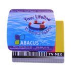 Promotional card with a lifebuoy graphic and text: Your lifeline to technical support. Features ABACUS ALS logo and contact info. The card includes a barcode and the text TV MIX on a yellow and black strip.