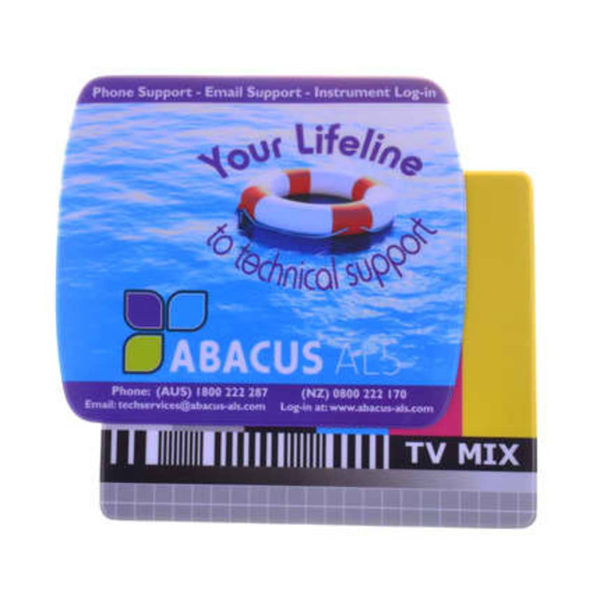 Promotional card with a lifebuoy graphic and text: Your lifeline to technical support. Features ABACUS ALS logo and contact info. The card includes a barcode and the text TV MIX on a yellow and black strip.
