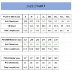 A size chart titled Size Chart showing PCC010 clothing measurements for mens, womens, and kids sizes. Measurements include full chest and total length in centimeters. Sizes range from S to 5XL for men, L90 to L115 for women, and 6Y to 16Y for kids.