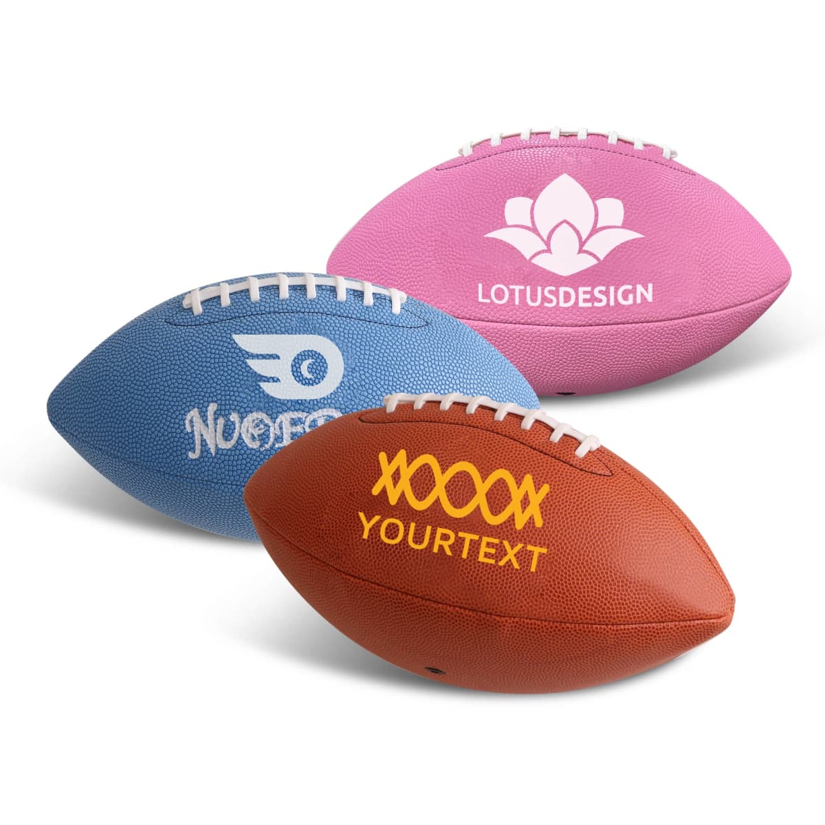 Three American footballs with different colors and logos. The front ball is brown with YOURTEXT in yellow, the middle one is blue with a white emblem, and the back ball is pink with a lotus design and LOTUSDESIGN in white.