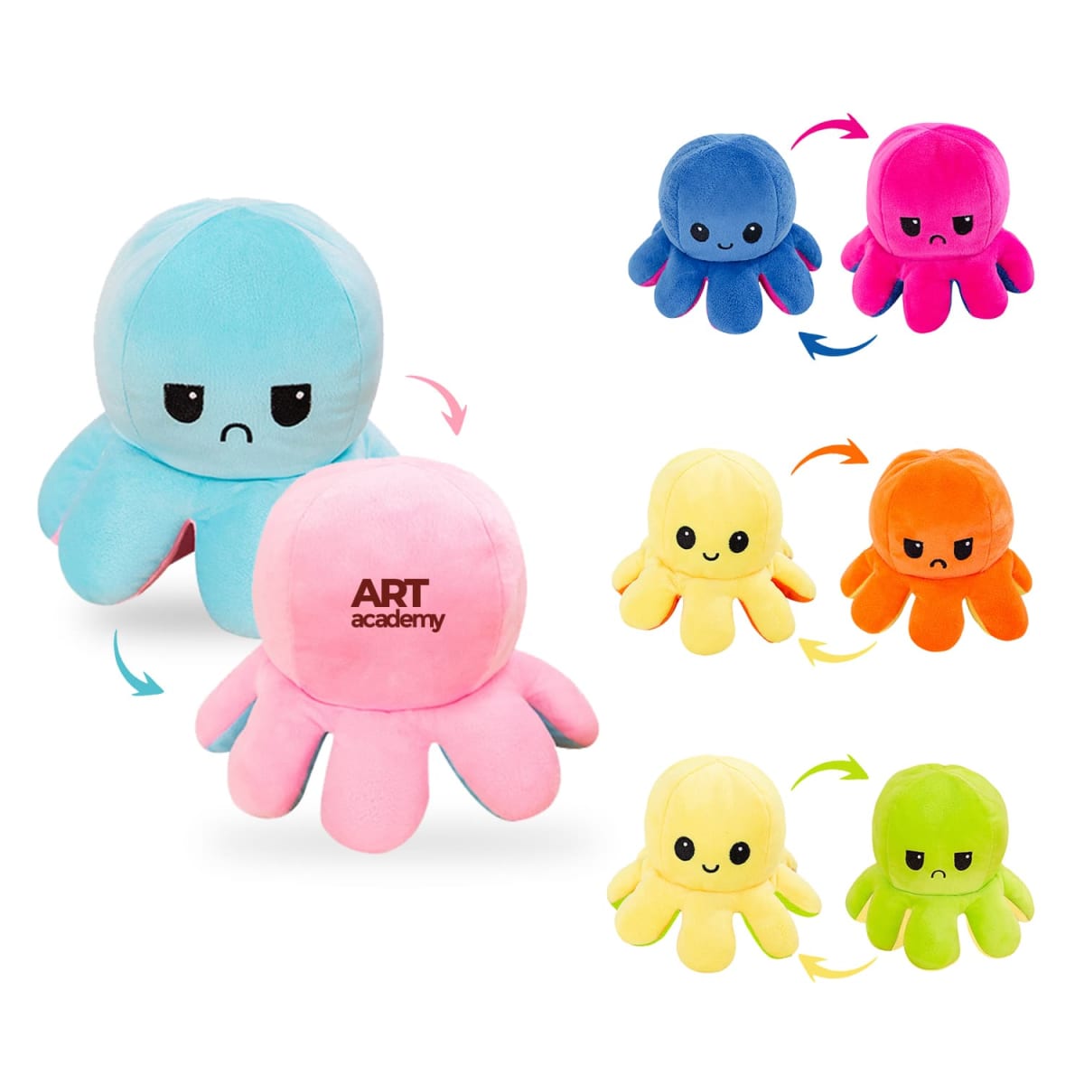 Reversible plush octopus toys in pairs, with one side showing a happy face and the other an angry face. Colors include blue/pink, blue/red, yellow/orange, yellow/green. The pink octopus has ART academy text on it. Arrows indicate reversibility.