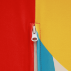 Close-up of a colorful zipper against a vibrant background with red, yellow, and blue sections. The zipper is positioned vertically, with the slider halfway up, blending into the vivid color transitions.