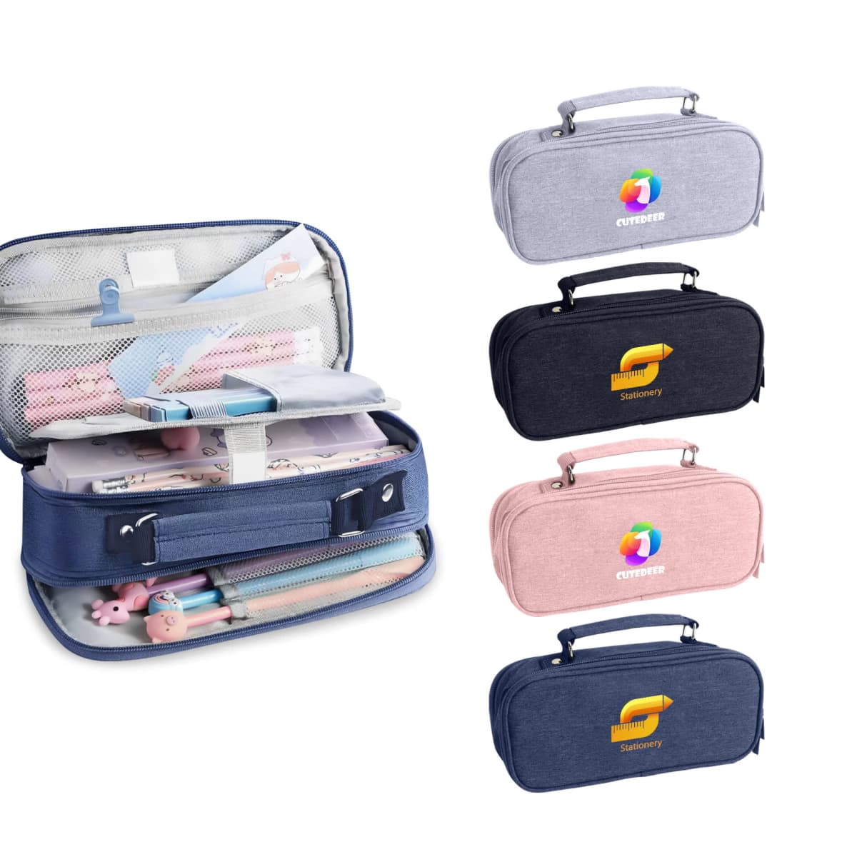 A blue open pencil case on the left, showing compartments with stationery items inside. On the right, five closed pencil cases in different colors: grey, black, pink, dark blue, and navy blue, each with a handle and logo on top.