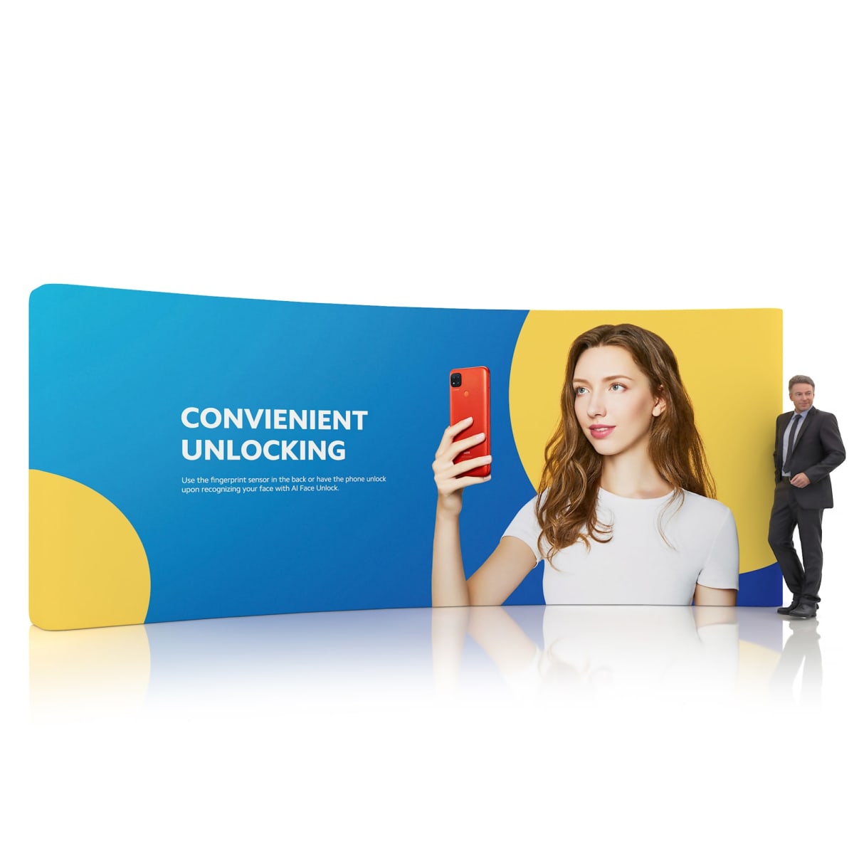 A large curved display features a woman holding a red smartphone. The text reads Convenient Unlocking. A man in a suit stands beside the display, smiling. The background has blue and yellow curved shapes.