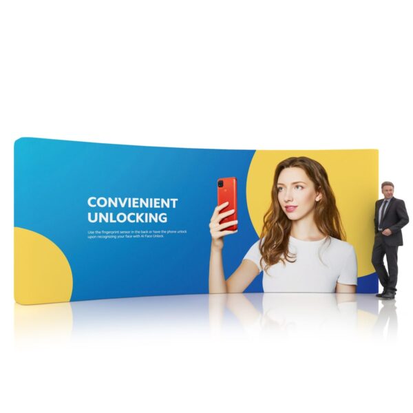 A large display features a person holding a red smartphone, with the text CONVENIENT UNLOCKING beside them. A person in business attire stands to the right, leaning against the display. The background is blue and yellow.