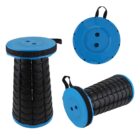 Collapsible black and blue stool with a strap, shown in three views: standing upright, lying on its side, and from below. The seat and base are circular with a blue color, and the stool features an accordion-like structure.