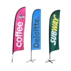 Three vertical teardrop banners. The first is pink with coffee text, the second is blue with Deloitte text, and the third is green with SUBWAY text. Each banner has a metal stand and base for support.