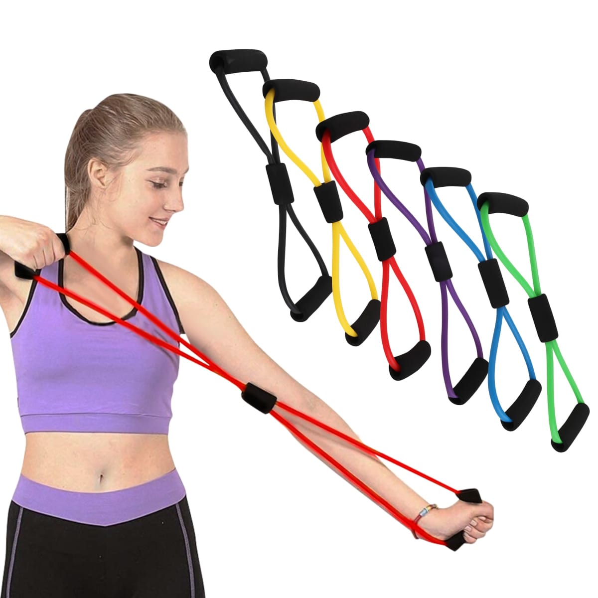 A person exercises with a red resistance band, pulling it with both hands. Five other resistance bands in different colors (yellow, red, purple, blue, green) are displayed beside them. The person is wearing a purple sports top and black leggings.