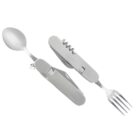 A multifunctional camping utensil set, featuring a detachable knife, fork, spoon, and corkscrew, all in a sleek silver design. The tools are compact and foldable, ideal for outdoor adventures.