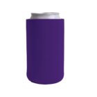 A silver beverage can inside a plain purple koozie, standing upright against a white background.