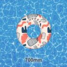 Inflatable pool ring with abstract patterns and the word Coffee floats on clear, blue water. The ring is white with blue, orange, and black designs. Below is a measurement reading 700mm.