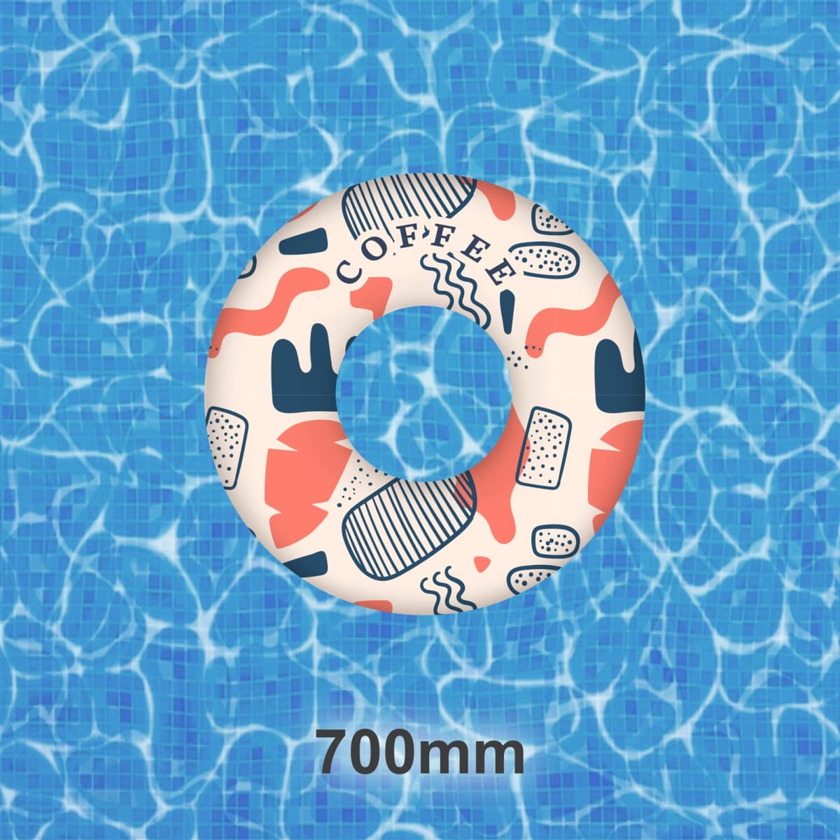 Inflatable pool ring with abstract patterns and the word Coffee floats on clear, blue water. The ring is white with blue, orange, and black designs. Below is a measurement reading 700mm.