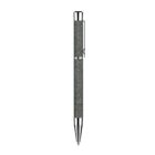 A silver ballpoint pen with a textured grip and a shiny metallic finish. The pen has a clip on the cap and is positioned vertically against a plain white background.