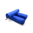 Blue inflatable neck and back support pillow with two cylindrical sections and a roll-up cover, designed for comfort and portability.