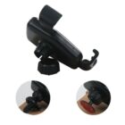 Black car phone mount with adjustable grip and knob for securing. Inset images show close-up details of the mounting mechanism and adhesive pad.