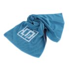 A crumpled blue cooling towel with a white geometric logo on its surface, featuring intersecting rectangular shapes. The towel is laid out casually against a white background.