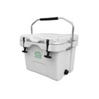 White Miracle brand cooler with a black cushioned metal handle and secure black latches. The cooler has a drainage spout on the side and a green logo on the front.