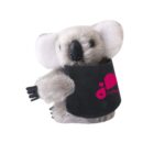 A plush koala toy holding a black cup with a pink logo. The koala has soft gray fur, black eyes, and a black nose. The background is plain white.